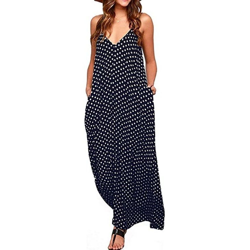 Navy Polka Dot V-Neck Spaghetti Strap Boho Long Maxi Dress